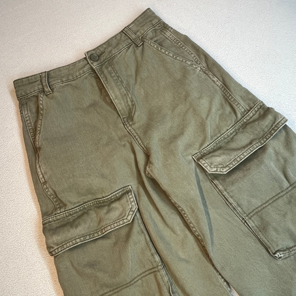 HM Divided Women Olive Green Wide Leg Cargo Pants High Rise Pockets Size 0